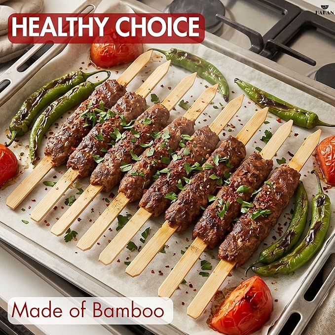Hakan 9.8” Bamboo BBQ Skewers 100 Pcs | Flat Kabob Skewers for Grilling Meat, Vegetables & Fruit | Shish Kebob Food Sticks | Cocktail Picks, Strong Appetizer Sticks for Party & BBQ, (25 cm x 2 cm)