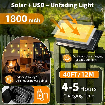 Solar Lights Outdoor, 40FT ST38 LED IP65 Waterproof Patio Lights | 13 Shatterproof Bulbs Hanging Light, Solar or USB Charging, 3 Lighting Modes for Backyard Porch Party Decor Warm White
