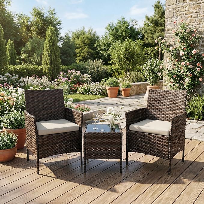 GarveeLife 3 Pieces Patio Furniture Set, Outdoor Furniture Sets with Cushions and Tempered Glass Table for Porch & Garden, Brown Wicker/Beige Cushions