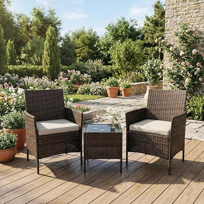 GarveeLife 3 Pieces Patio Furniture Set, Outdoor Furniture Sets with Cushions and Tempered Glass Table for Porch & Garden, Brown Wicker/Beige Cushions
