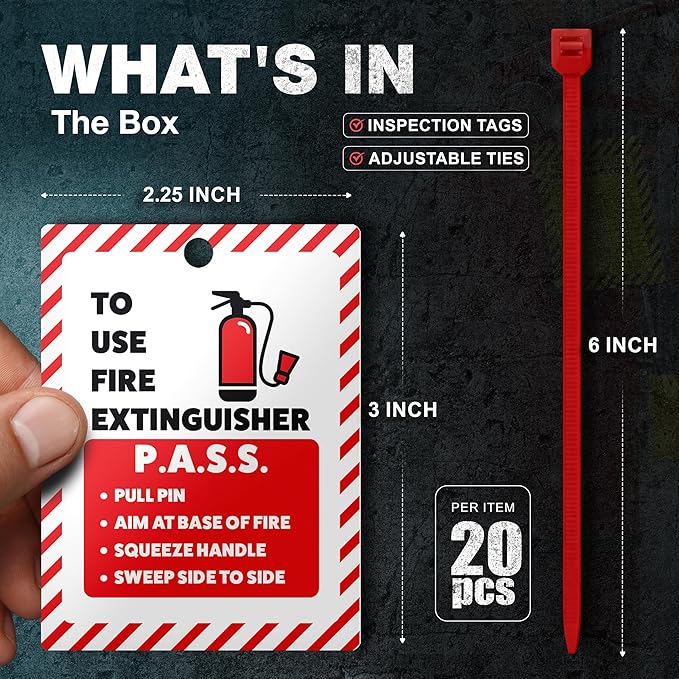 Fire Extinguisher Inspection Tags 2026-2029, Plastic 2.25 x 3 Inch Red for Indoor Outdoor Use, Durable Double-Sided Monthly Record and Pass Instructions, Include Zip Ties, 20 Pack