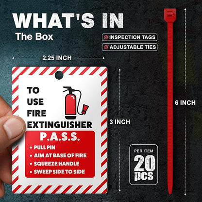 Fire Extinguisher Inspection Tags 2026-2029, Plastic 2.25 x 3 Inch Red for Indoor Outdoor Use, Durable Double-Sided Monthly Record and Pass Instructions, Include Zip Ties, 20 Pack