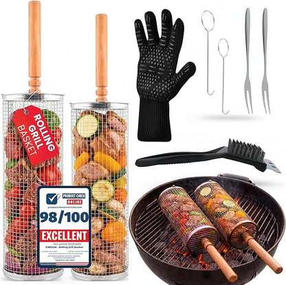 Rolling Grill Basket Fathers Day Gifts For Dad Removable Wooden Handle 304 Stainless Steel Nesting Smoker Net BBQ Grilling Accessories Tools Kebab Fish Vegetable Steamer Basket Camping Cooking Outdoor Kitchen Food Rotisserie Barbeque Cooking Grilling G...