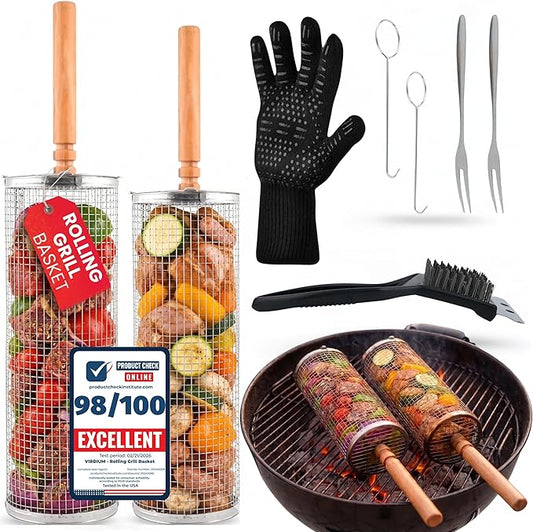 Rolling Grill Basket Fathers Day Gifts For Dad Removable Wooden Handle 304 Stainless Steel Nesting Smoker Net BBQ Grilling Accessories Tools Kebab Fish Vegetable Steamer Basket Camping Cooking Outdoor Kitchen Food Rotisserie Barbeque Cooking Grilling G...