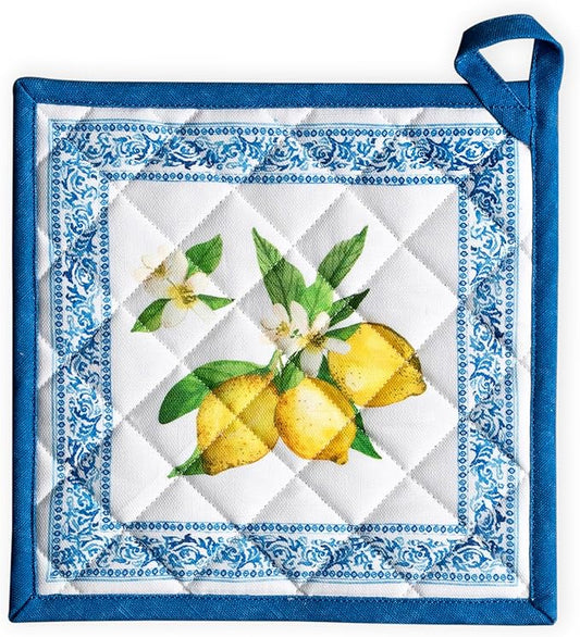 Maison d' Hermine Pot Holders 100% Cotton Heat Resistant Potholders 8" x 8" Hot Pads with Loop BBQ Cooking Baking Hotel Farmhouse Kitchen Handling Hot Pans Spring Summer (Pack of 1, Cedrat)