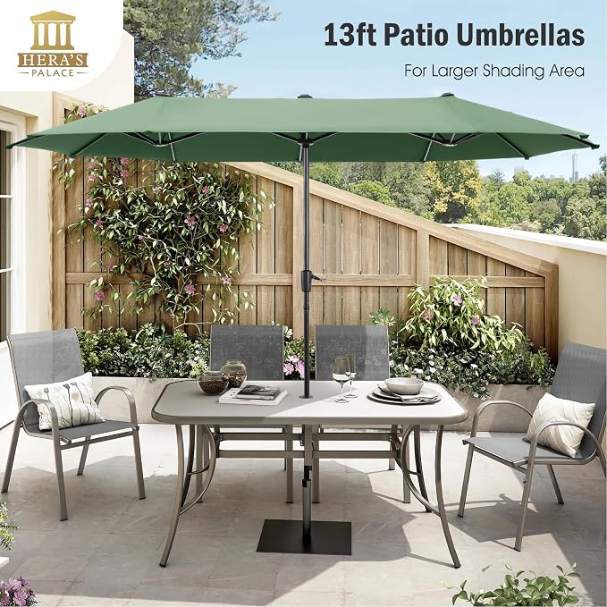 HERA'S PALACE 13 ft Large Patio Umbrella, Double-Sided Twin, Outdoor Market Umbrella with Crank Handle, Powerful UV Protective, Mint