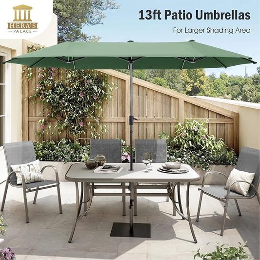HERA'S PALACE 13 ft Large Patio Umbrella, Double-Sided Twin, Outdoor Market Umbrella with Crank Handle, Powerful UV Protective, Mint