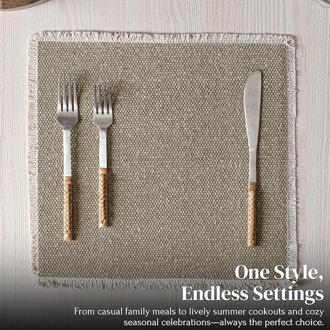 Hausattire Cotton Frayed Placemats Set of 6 Dining Table 14x14 Inch | Rustic Farmhouse Boho Washable Easter Placemat for Outdoor Parties BBQ's Wedding, Holiday, Special Occasions, Nubby Cotton - Taupe