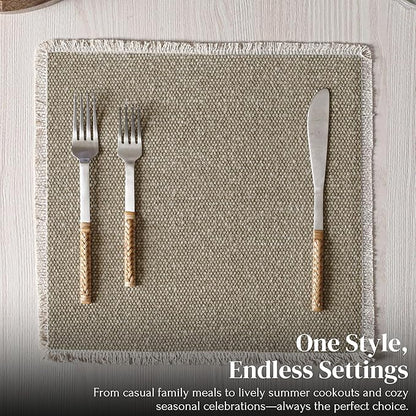 Hausattire Cotton Frayed Placemats Set of 6 Dining Table 14x14 Inch | Rustic Farmhouse Boho Washable Easter Placemat for Outdoor Parties BBQ's Wedding, Holiday, Special Occasions, Nubby Cotton - Taupe