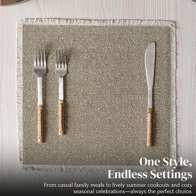 Hausattire Cotton Frayed Placemats Set of 4 Dining Table 14x14 Inch | Rustic Farmhouse Boho Washable Easter Placemat for Outdoor Parties BBQ's Wedding, Holiday, Special Occasions, Nubby Cotton - Taupe