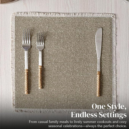 Hausattire Cotton Frayed Placemats Set of 4 Dining Table 14x14 Inch | Rustic Farmhouse Boho Washable Easter Placemat for Outdoor Parties BBQ's Wedding, Holiday, Special Occasions, Nubby Cotton - Taupe