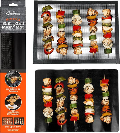 Grilling Mesh & Mat Combo Pack (13.25"x18" ea)- Heavy Duty 100% Non-Stick Reusable BBQ Grilling Sheets 2 Pack - Use in Outdoor Grill & Indoor Oven - Heat Safe up to 500° F - Grilling Gift for Men