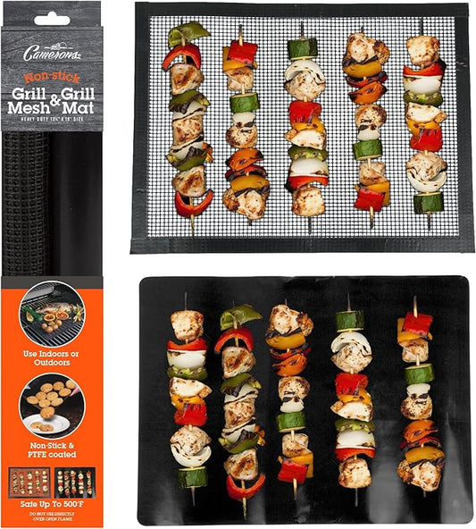 Grilling Mesh & Mat Combo Pack (13.25"x18" ea)- Heavy Duty 100% Non-Stick Reusable BBQ Grilling Sheets 2 Pack - Use in Outdoor Grill & Indoor Oven - Heat Safe up to 500° F - Grilling Gift for Men