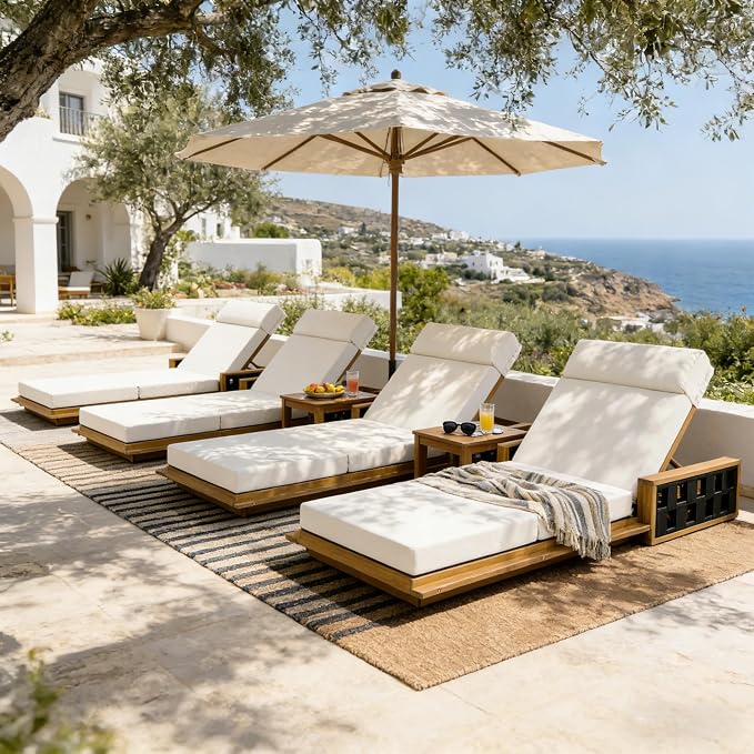 Merax Acacia Wood Patio Chaise Lounge Set of 2, Outdoor Reclining Chairs with 4-Position Adjustable Backrest, 2-Piece Sunbathing Recliner & 4" Thick Four-fold Cushion for Poolside, Garden, Cream