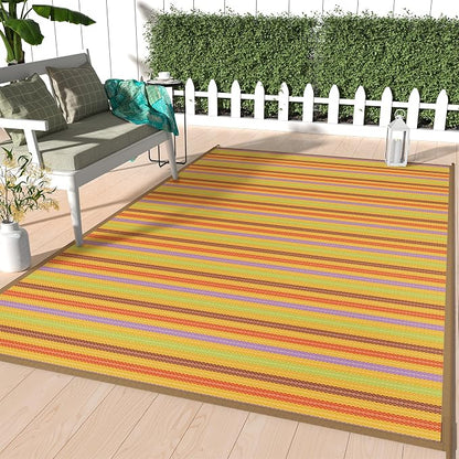 GENIMO Outdoor Rug, Waterproof Plastic Rugs for Patio, 9'x12' Rainbow | Outside Larger Modern Carpet Mat for Porch Decor, Deck, Balcony, Camping, RV, Backyard, Picnic, Beach, Reversible, Foldable