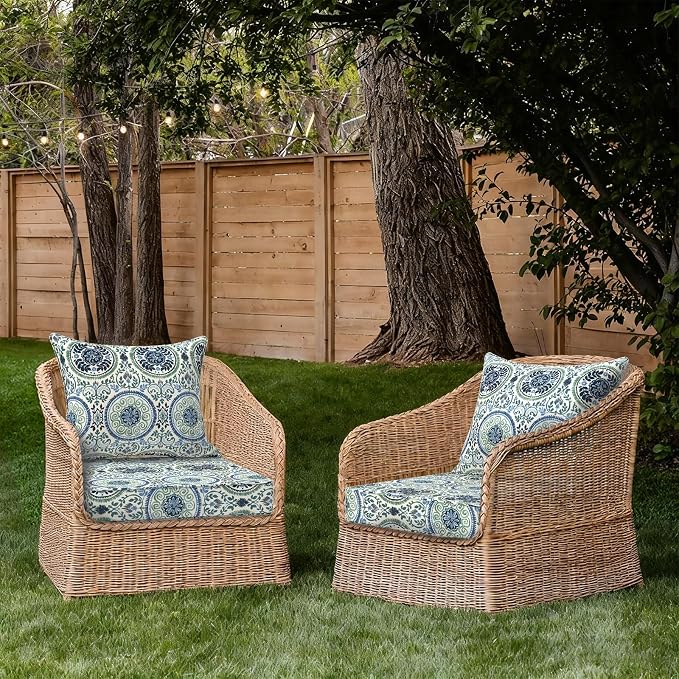 DYTXIII Outdoor Deep Seat Cushion Set, Water Repellent 24"x24" Patio Thick Cushions Replacement with Seat & Back Pillow for Patio Sofa, Wicker Chair, Couch - Wreath Blue