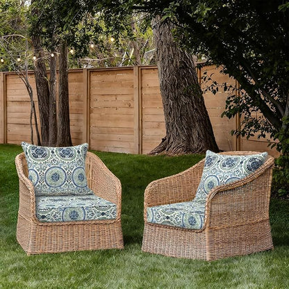 DYTXIII Outdoor Deep Seat Cushion Set, Water Repellent 24"x24" Patio Thick Cushions Replacement with Seat & Back Pillow for Patio Sofa, Wicker Chair, Couch - Wreath Blue