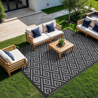 GENIMO Outdoor Rug, Waterproof Plastic Rugs for Patio, 10'x10' Black Grey | Outside Larger Modern Carpet Mat for Porch Decor, Deck, Camping, RV, Backyard, Balcony, Picnic, Beach, Reversible, Foldable