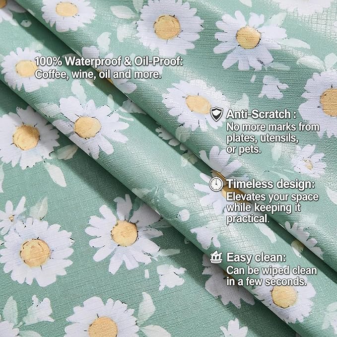 55×108 Heavy Duty Vinyl Tablecloth, 100% Waterproof PVC Table Cover with Floral Daisy Print, Spring Summer Wipeable Plastic Table Cloth for Kitchen Dining Room Outdoor Picnic Party Decor