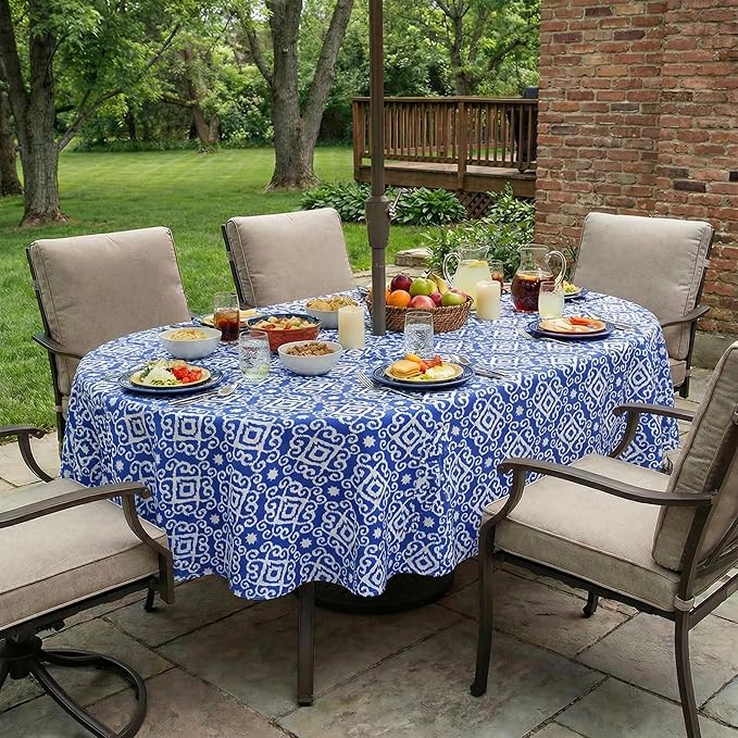 EHouseHome Outdoor Indoor Tablecloth with Umbrella Hole for Oval Table,Waterproof Patio Table Cloths, Spring/Summer Table Covers with Zipper for Backyard Circular Table/BBQs/Picnic,60 x 84 inches
