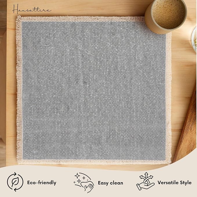 Hausattire Cotton Frayed Placemats Set of 4 Dining Table 14x14 Inch | Rustic Farmhouse Boho Washable Easter Placemat for Outdoor Parties BBQ's Wedding, Holiday, Special Occasions, Nubby Cotton - Grey