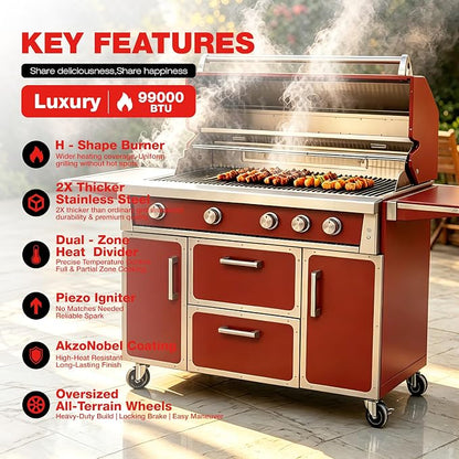 NG 4 Cast Burners Outdoor Kitchen Grill Island, 99,000 BTU, Red Painting