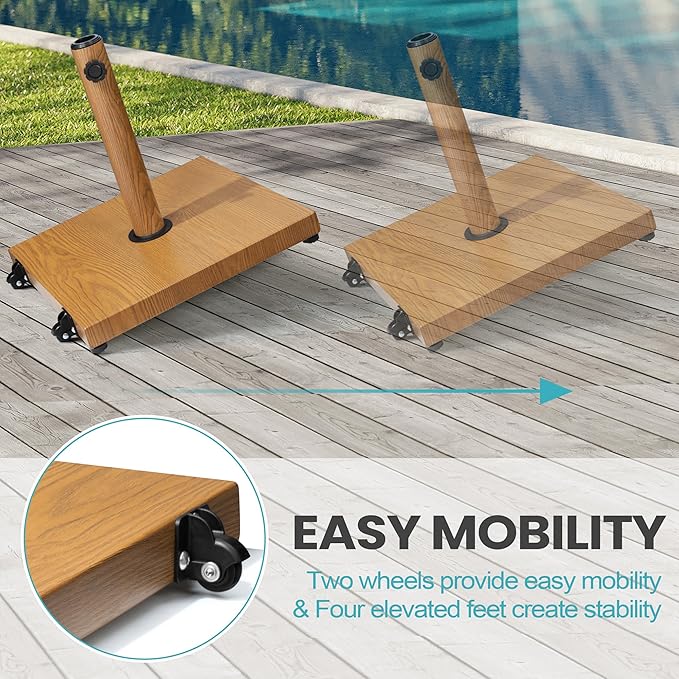 Patio Umbrella Base with Wheels, 43lbs Outdoor Umbrella Stand | With 2 Wheels, Square Heavy Duty Base, Suitable for 6-12FT Market & Fringe Umbrella, for Deck, Lawn, Poolside
