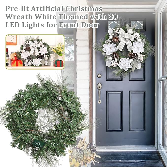 GarveeHome Christmas Wreath with Lights, 24 in Pre-lit Silver White Xmas Wreath with 20 Battery Operated LED Lights Artificial Magnolia Flower & Bow for Front Door Window Indoor Outdoor Decorations