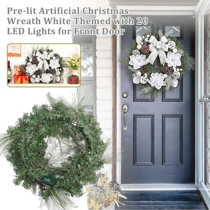 GarveeHome Christmas Wreath with Lights, 24 in Pre-lit Silver White Xmas Wreath with 20 Battery Operated LED Lights Artificial Magnolia Flower & Bow for Front Door Window Indoor Outdoor Decorations