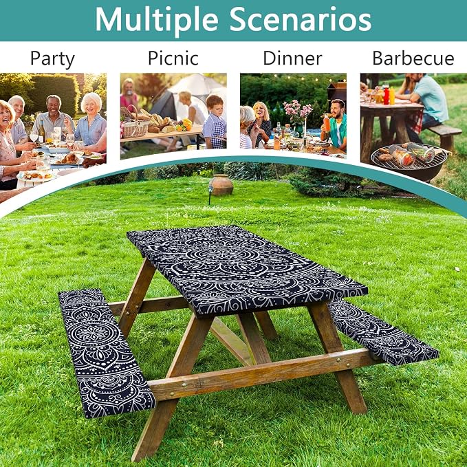Picnic Table Cover with Bench Covers 6FT 3PCS, Camping Essentials, Rectangle Fitted Camping Tablecloth Waterproof with Elastic Edge for Indoor Outdoor Patio, 60in, Black and White