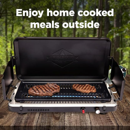 Hike Crew Gas Camping Grill | 13,000 BTU | Portable Propane Burner | Foldable Legs | Integrated Igniter & Included Regulator w/Stainless Steel Drip Tray | Wind Panels & Built-in Carrying Handle