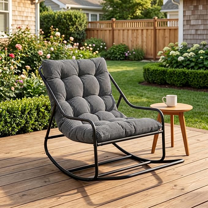 Outdoor Rocking Chairs, Metal Frame Outdoor Rocker with Footrest, Comfy Oversized Patio Chair with Thick Cushion, Reading Glider Lounge Chair for Living Room, Bedroom, Garden, Relax, Gray