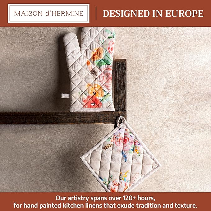 Maison d' Hermine 100% Cotton Oven Mitt & Pot Holder Set (7.5"x13" & 8"x8") Heat Resistant BBQ Cooking Gloves with Loop Baking Grilling Kitchen Hotel Home Farmhouse Spring Summer (Ibiza - Beige)