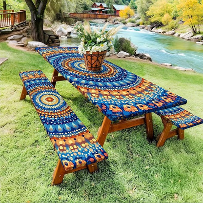 Picnic Table Cover with Bench Covers and Bag, Camping Essentials, Waterproof Windproof Camping Tablecloth, Fitted Tablecloth Cover with Elastic Edge for Indoor Outdoor 3 PCS 30x60 Inch
