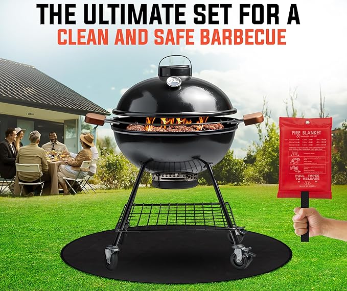 Under Grill Fire Pit Mats for Outdoor Grill Deck Protector - Black Under BBQ Grill Mat w/Fire Blanket & Corner Weights, Double-Sided Fireproof Design, Heat Resistance Up to 2000°F (Round, 40)