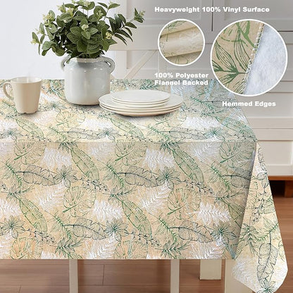 Antigua Tropical Leaf Vinyl Tablecloth – 60 x 84 Inch Rectangle Waterproof Table Cover with Flannel Backing, Wipeable Indoor/Outdoor Summer Flowers Print for Picnics, BBQs, and Holiday Dining