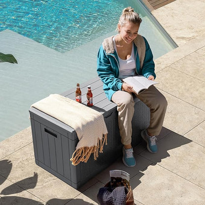 Flamaker Outdoor Storage Box 100 Gallon Waterproof Resin Deck Box Delivery Box with Air Rod Indoor Outdoor Lockable Storage Bench for Patio Cushions, Tools, Pool Accessories (Gray)
