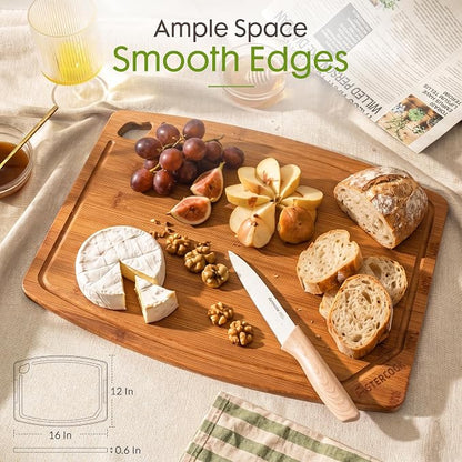 Astercook Large Bamboo Cutting Board, Deep Carbonized Wooden Chopping Board with Juice Groove and Handle, Kitchen Prep & Serving Board for Meat, Vegetables, Bread and Charcuterie
