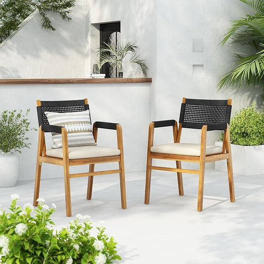 Christopher Knight Home Set of 2 Terry Farmhouse Country Patio Acacia Wood Dining Armchairs, Outdoor Side Chair with Rope Woven Backrest,Garden/Backyard Accent Chair with Cushions,Black+Natural Brown