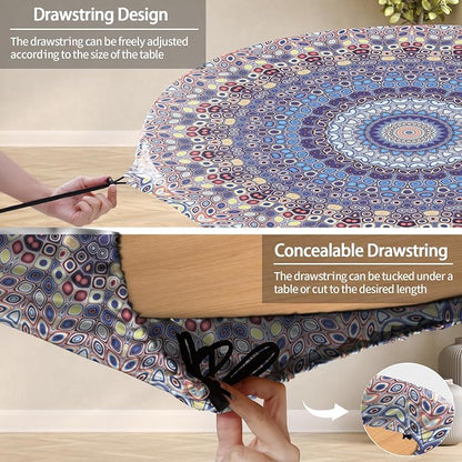 opstellen Fitted Round Tablecloth for 45-54" Inch Table Boho Waterproof Vinyl Reusable Summer Fall Tableclothes Campers Inside Outdoors Supplies Kitchen Dining Room Needs White Elephant Gifts