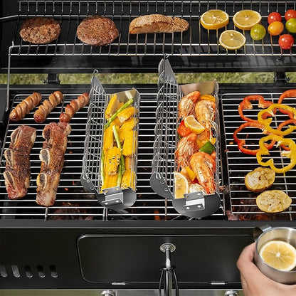 SHIZZO Rolling Grill Basket, Removable Wooden Handle, Extra Sturdy Cylinder Grilling Basket, Food Grade Stainless Steel, Portable Outdoor Camping accessories BBQ Net Rack, Cooking Griller for Fish, Vegetables, and More - Gifts for Men Dad Husband - Set...