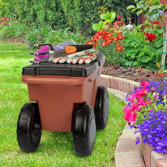 Pure Garden Rolling Garden Cart with Seat, Terracotta | Plastic Garden Bench with Tool Tray for Storage - Gardening Stool for Weeding or Planting