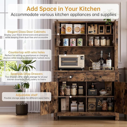 IDEALHOUSE 63" Kitchen Pantry Cabinet with Drawers, Hutch Cabinet with Storage, Microwave Stand, Adjustable Shelves, Freestanding Tall Pantry Storage for Dining Room, Living Room, Rustic Brown