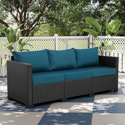 Rattan Star Outdoor Furniture Couch 3 Seater Sofa Outdoor Wicker Sofa Deep Seat High Backrest Patio Couch with Non-Slip Cushions Waterproof Cover, Peacock Blue