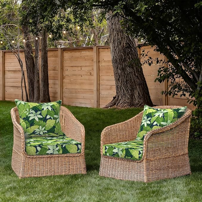 DYTXIII Outdoor Deep Seat Cushion Set, Water Repellent 24"x24" Patio Thick Cushions Replacement with Seat & Back Pillow for Patio Sofa, Wicker Chair, Couch - Jungle Leaves