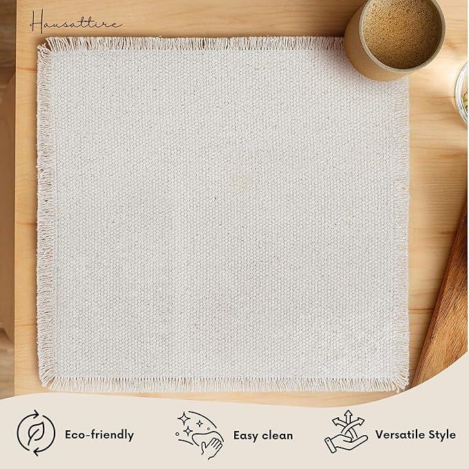 Hausattire Cotton Frayed Placemats Set of 6 Dining Table 14x14 Inch | Rustic Vintage Boho Washable Easter Placemat for Outdoor Parties BBQ's Wedding, Holiday, Special Occasions, Nubby Cotton - Natural