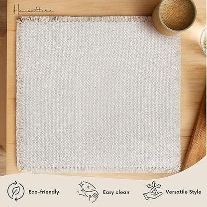 Hausattire Cotton Frayed Placemats Set of 6 Dining Table 14x14 Inch | Rustic Vintage Boho Washable Easter Placemat for Outdoor Parties BBQ's Wedding, Holiday, Special Occasions, Nubby Cotton - Natural