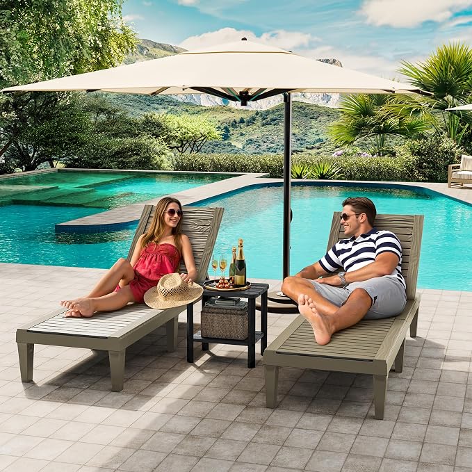Outdoor Chaise Lounges, Patio Lounge Chair (Grey Wood Grain, Set of 2) | Wood-Grain HDPE, 5-Position Recline, 300 lbs, Indoor/Outdoor, Waterproof, All Weather Resin.