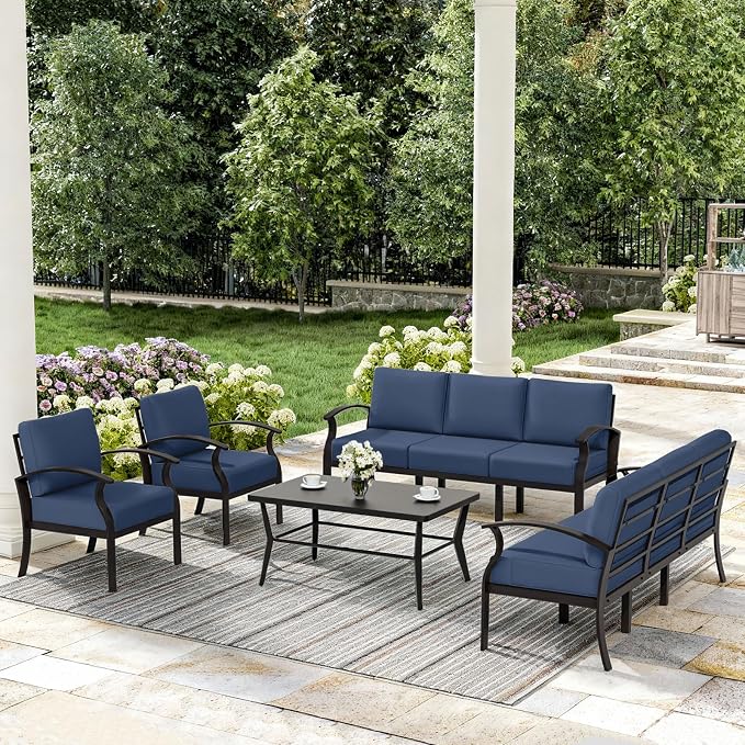 ALAULM Aluminum Patio Furniture Set with Coffee Table Rectangular, 8-seat Outdoor Sectional Furniture w/5.1" Cushions, Patio Conversation Set for Porch, Backyard, Poolside-Dark Blue