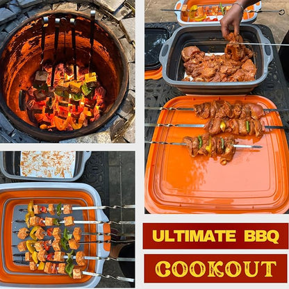 Collapsible X-Large (16L) BBQ Marinating Tub w/ Cutting Board | Multipurpose Food-Grade TPE Prep Tub w/ Lid | Built-In Colander & Drain Plug - For Camping | Tailgate | Picnic - Slate Black